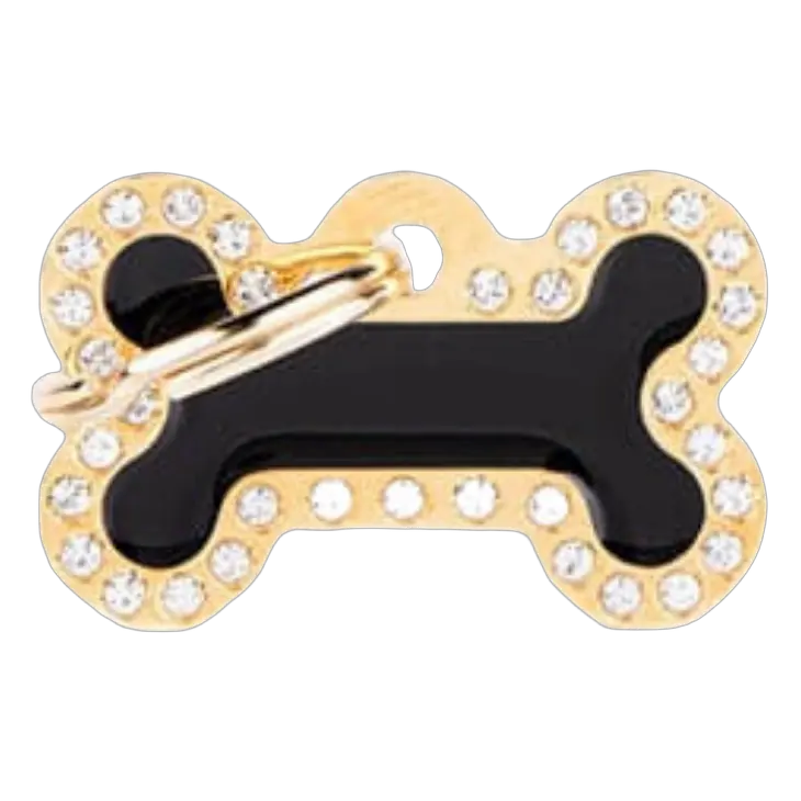 8058773278708، تعليقة اسم للكلاب صغير لامع بشكل عظمة سوداء بإطار ذهبي ماي فاميلي، 1