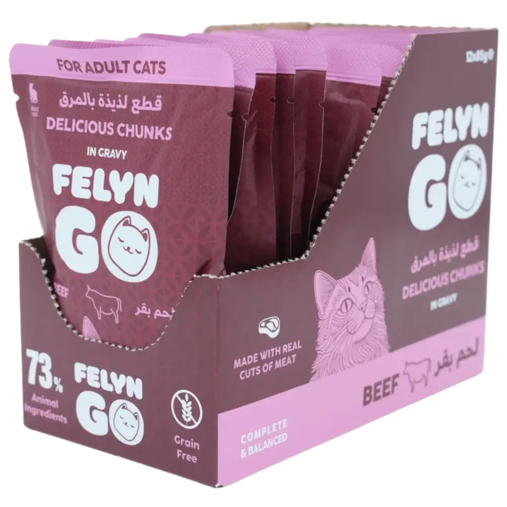 Felyn Go Cat Wet Food Chunks in Gravy Beef Pouch 85g Felyn Go