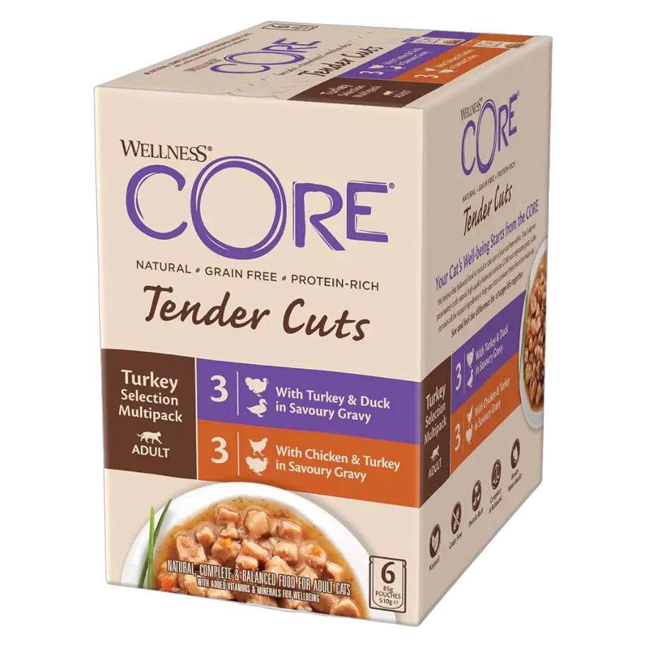 076344106678, Wellness Core Cat Wet Food Multipack Pouches Turkey & Duck x3 Chicken & Turkey x3 in Gravy 6x85g, 1
