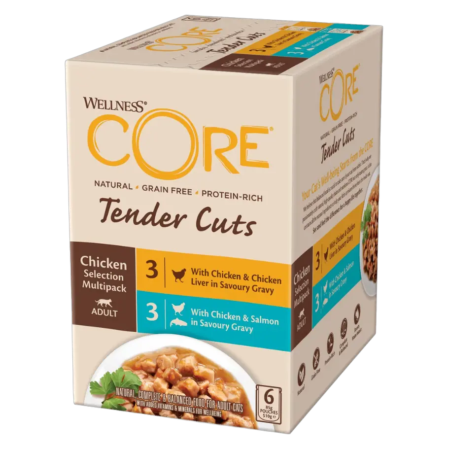 076344106661, Wellness Core Cat Wet Food Multipack Pouches Chicken & Chicken Liver Chicken & Salmon in Gravy 6x85g, 1