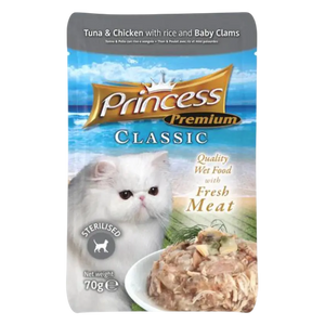 5350393002668, Princess Cat Wet Food Pouches Chicken Tuna Rice Baby Clam 70g, 1