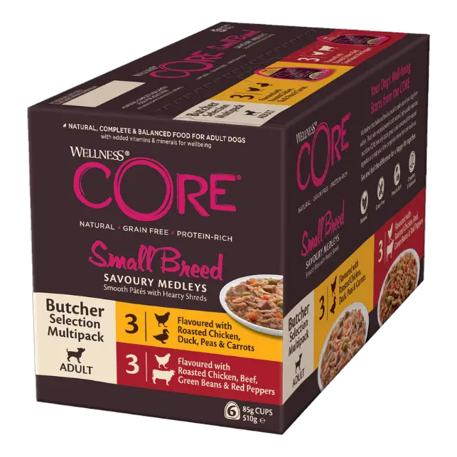076344104575, Wellness Core Dog Wet Food Multipack Chicken & Duck and Chicken & Beef Small Breed Adult 6x85g, 1