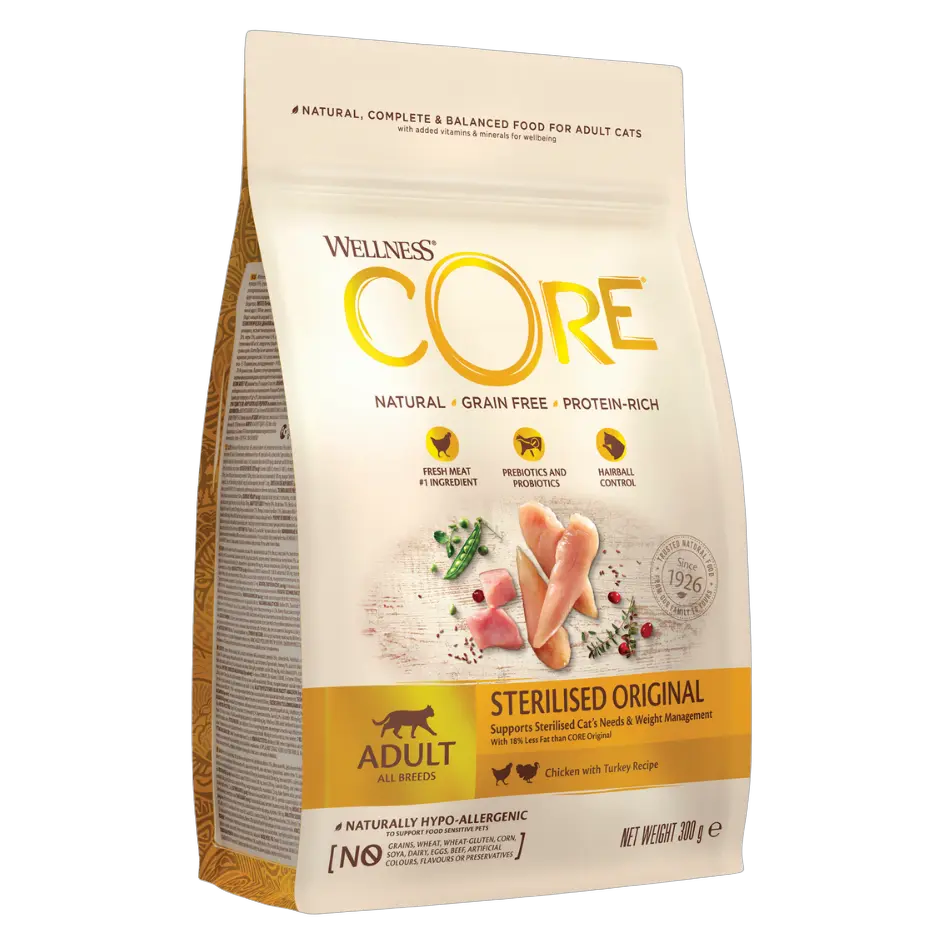 076344107255, Wellness Core Sterilised Cat Dry Food Chicken & Turkey 300g, 1
