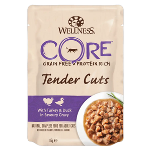 076344116646, Wellness Core Cat Wet Food Tender Cuts Pouches Turkey Duck in Gravy 85g, 1