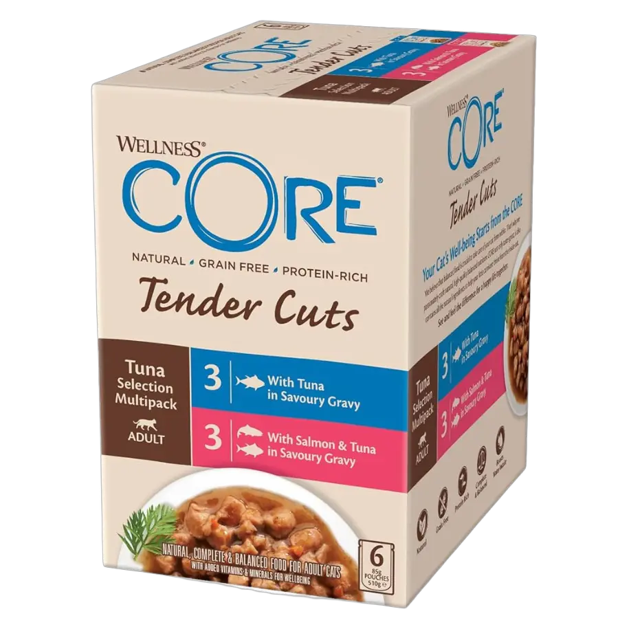 076344106685, Wellness Core Cat Wet Food Multipack Pouches Tuna & Salmon Tuna & Shrimp in Gravy 6x85g, 1
